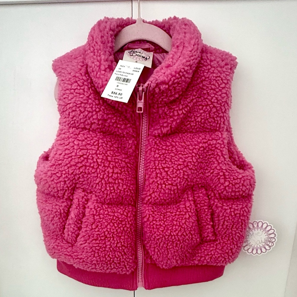 NWT Love Daisy Girls Hot Pink Furry Puffer Vest Size S (7/8)